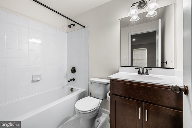 full bathroom with shower / tub combination, vanity, toilet, and tile patterned flooring