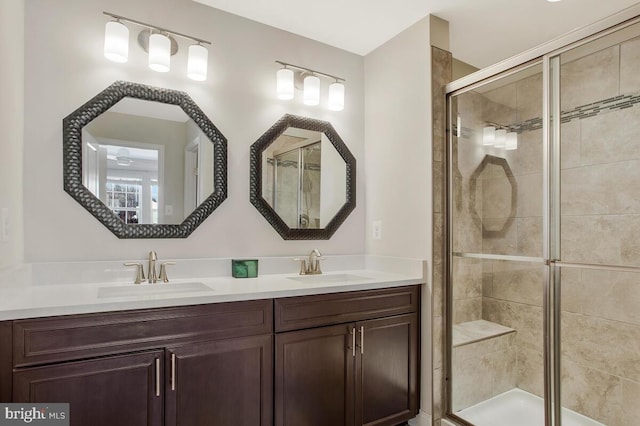 bathroom featuring vanity and a shower with door