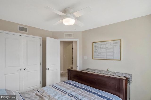 bedroom featuring ceiling fan and a closet