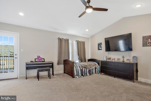 carpeted bedroom with vaulted ceiling, access to outside, and ceiling fan