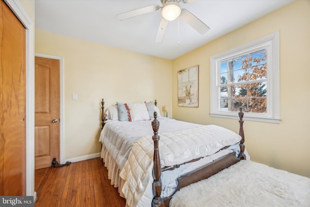 bedroom with a closet, ceiling fan, and dark hardwood / wood-style flooring