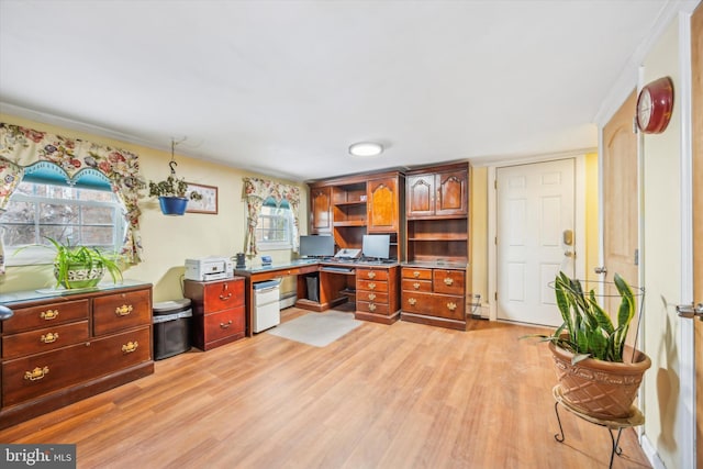 home office with light hardwood / wood-style floors, a wealth of natural light, and crown molding