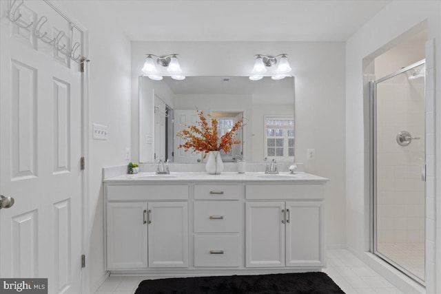 bathroom with vanity, tile patterned flooring, and an enclosed shower