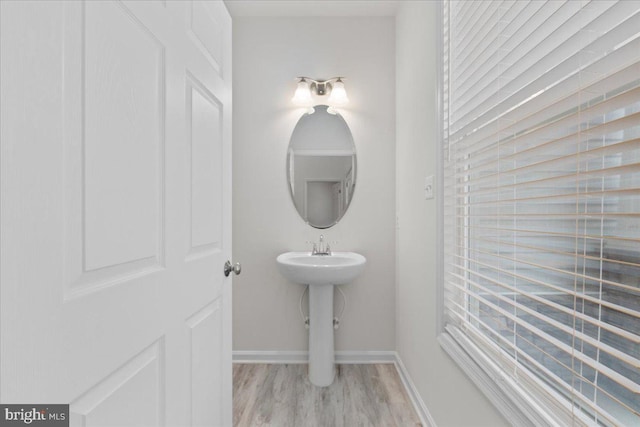 bathroom with hardwood / wood-style floors