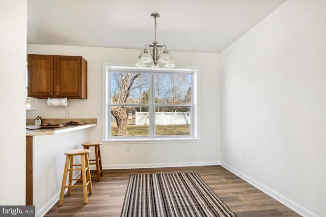 unfurnished dining area with dark hardwood / wood-style floors and an inviting chandelier