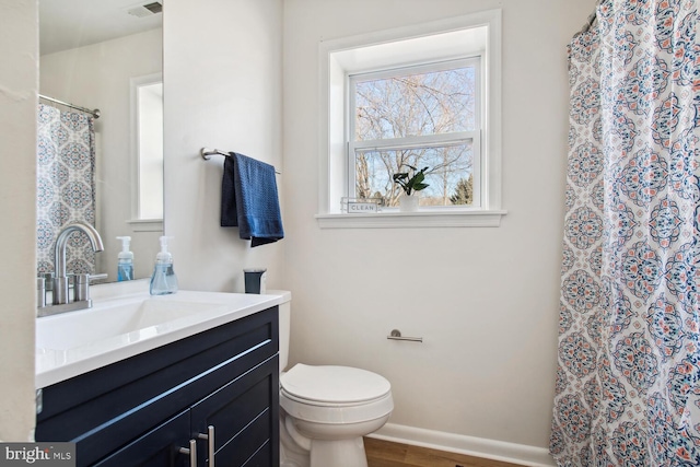 bathroom with vanity, wood-type flooring, and toilet