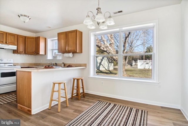 kitchen with light hardwood / wood-style flooring, white electric range, kitchen peninsula, and decorative light fixtures