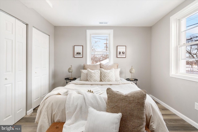 bedroom featuring multiple windows and hardwood / wood-style floors