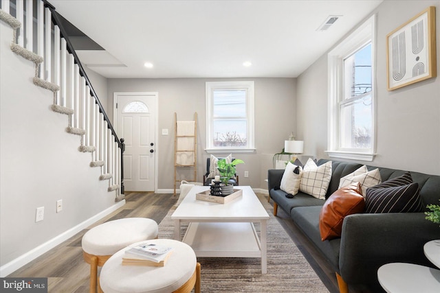 living room featuring dark wood-type flooring