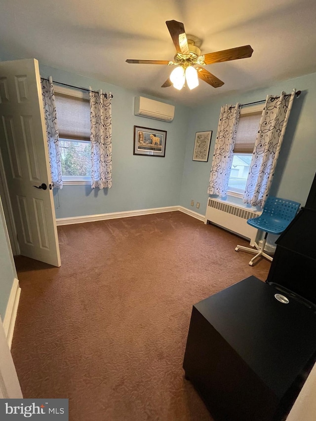 carpeted bedroom with radiator, an AC wall unit, and ceiling fan