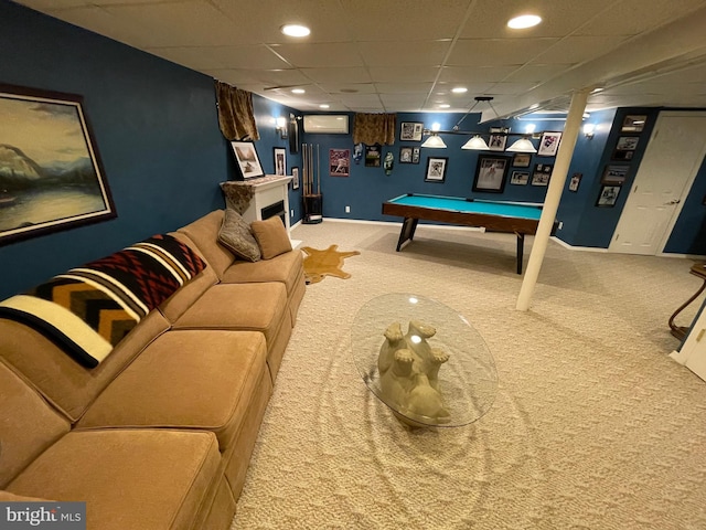 playroom featuring an AC wall unit, carpet flooring, a paneled ceiling, and pool table