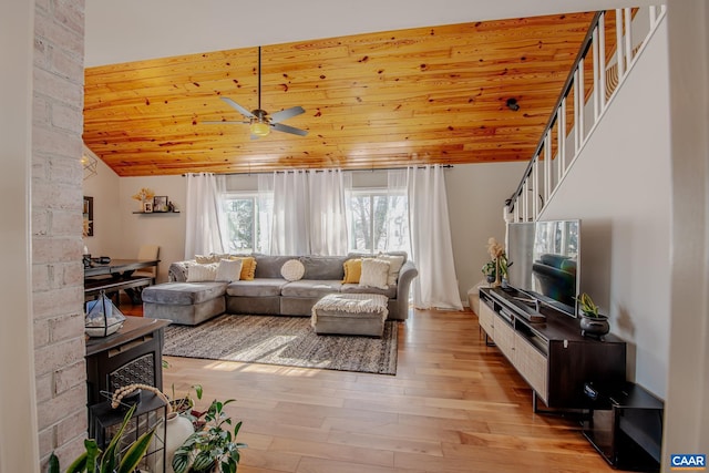 living room featuring light wood-type flooring, ceiling fan, wooden ceiling, and lofted ceiling