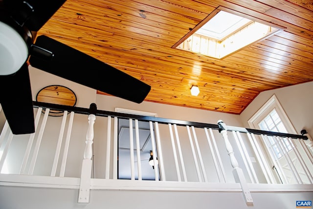 details featuring a skylight and wooden ceiling