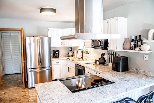 kitchen with dishwasher, white cabinetry, sink, island range hood, and stainless steel refrigerator