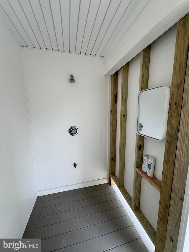 interior space featuring hardwood / wood-style flooring and wood ceiling