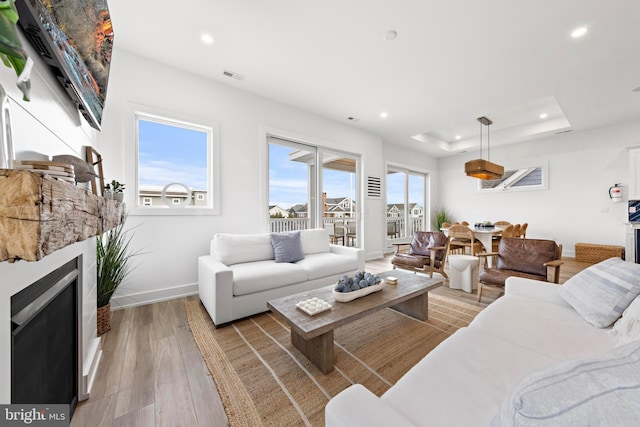 living room featuring a tray ceiling and light hardwood / wood-style floors