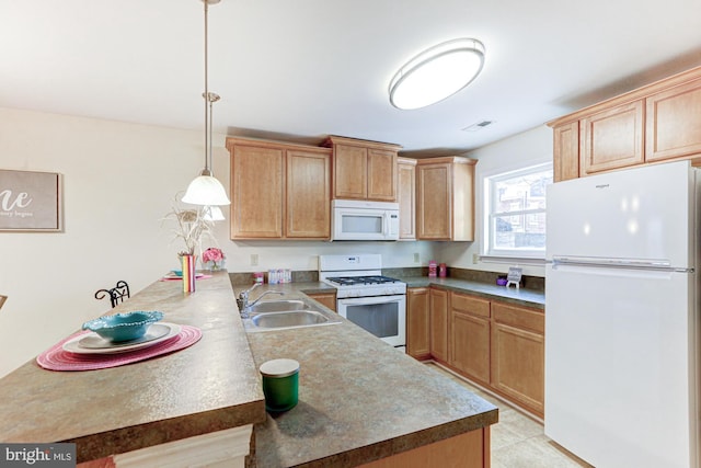 kitchen featuring sink, kitchen peninsula, pendant lighting, and white appliances