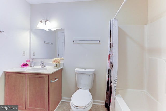 full bathroom with toilet, tile patterned flooring, shower / bath combination with curtain, and vanity