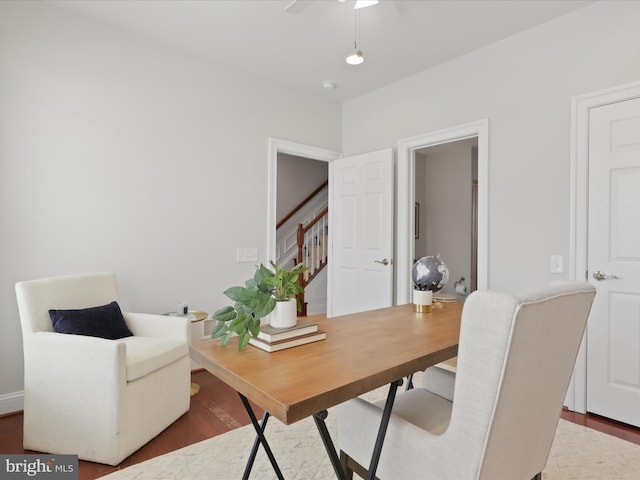 office space with hardwood / wood-style flooring and ceiling fan