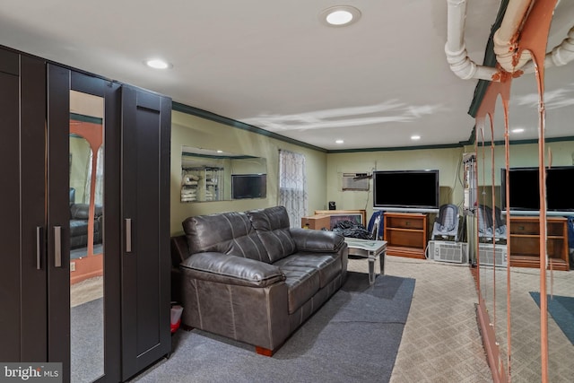 carpeted living room featuring a wall mounted air conditioner and crown molding