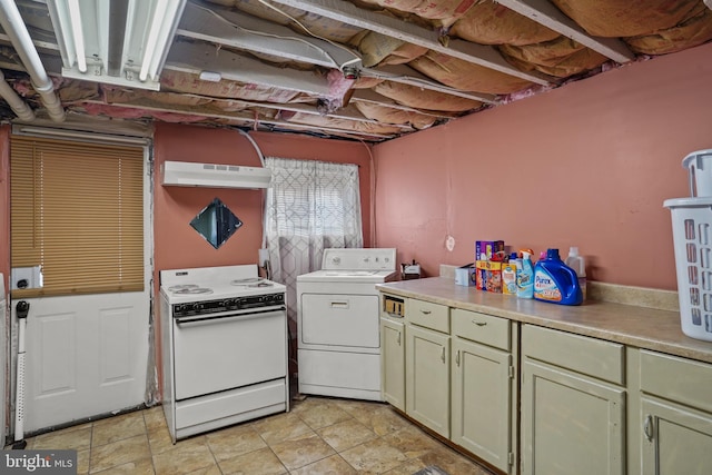 kitchen featuring washer / clothes dryer, cream cabinetry, and white electric range oven