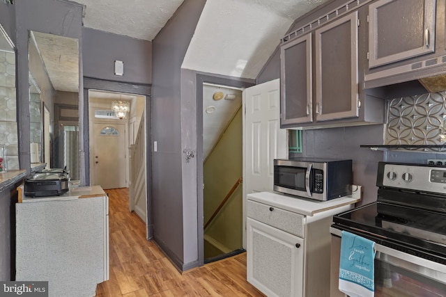 kitchen with lofted ceiling, appliances with stainless steel finishes, a textured ceiling, and light wood-type flooring