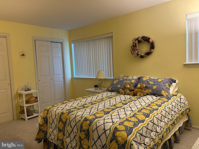 carpeted bedroom with baseboards and a closet