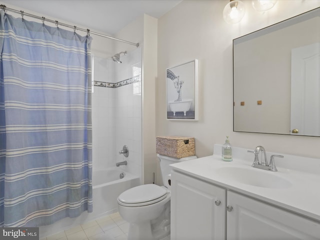 full bathroom featuring vanity, toilet, tile patterned floors, and shower / bath combo with shower curtain