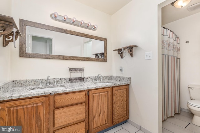 bathroom featuring toilet, tile patterned floors, and vanity