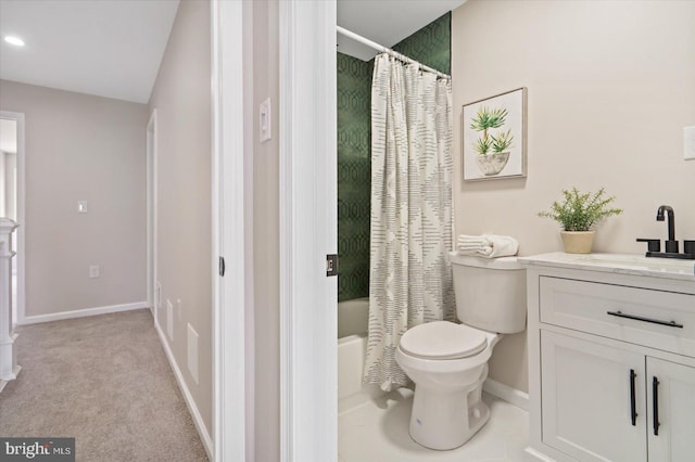 full bathroom featuring toilet, vanity, and shower / bath combination with curtain