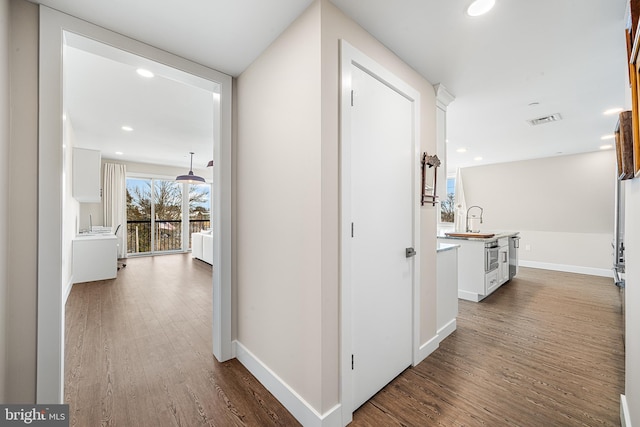 hallway featuring dark wood-type flooring and sink