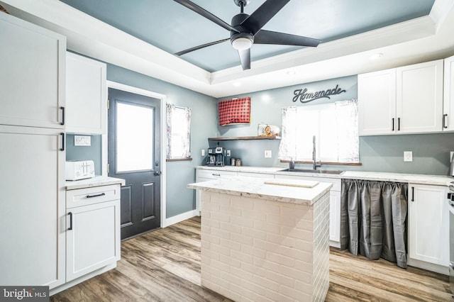 kitchen with white cabinets, a kitchen island, a raised ceiling, and sink