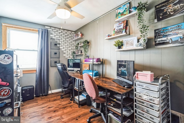 office space featuring ceiling fan and hardwood / wood-style floors