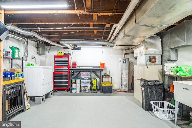 basement featuring electric panel and water heater