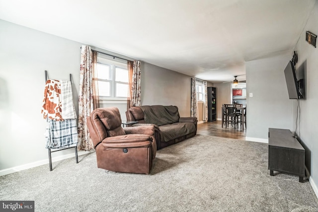 living room with ceiling fan and carpet