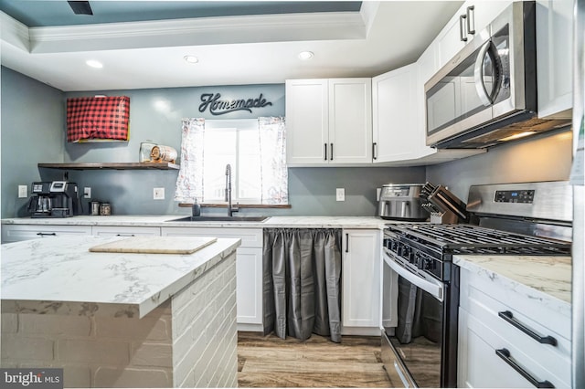 kitchen featuring a raised ceiling, sink, white cabinetry, ornamental molding, and stainless steel appliances