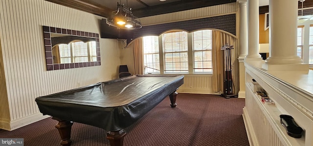 playroom featuring pool table, wallpapered walls, baseboards, decorative columns, and dark colored carpet