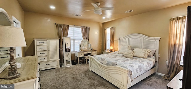 bedroom with visible vents, recessed lighting, a ceiling fan, and dark colored carpet