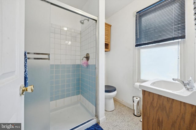 bathroom with vanity, an enclosed shower, and toilet