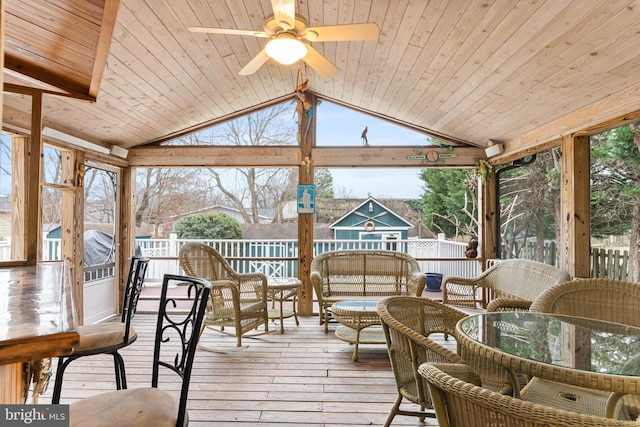 sunroom featuring lofted ceiling, plenty of natural light, and wood ceiling