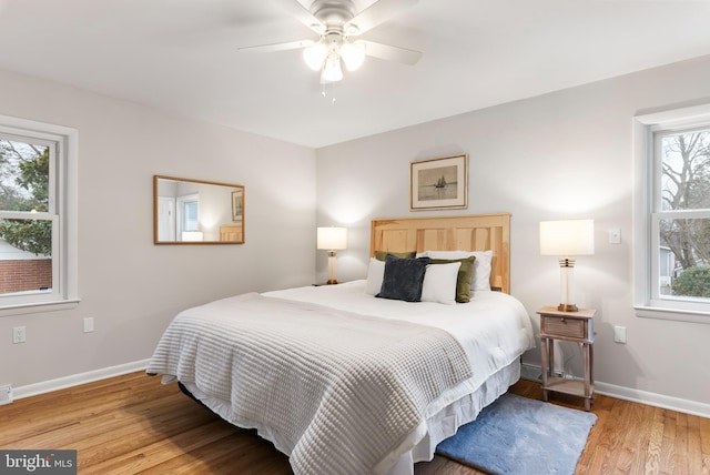 bedroom with ceiling fan and light wood-type flooring