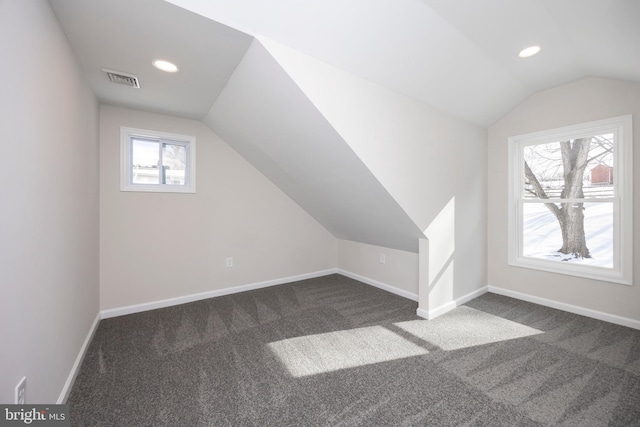 additional living space with lofted ceiling, a healthy amount of sunlight, and carpet flooring