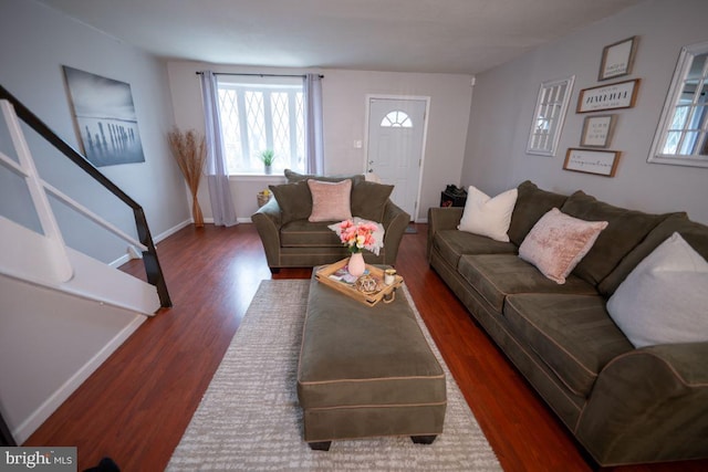 living room with dark wood-type flooring