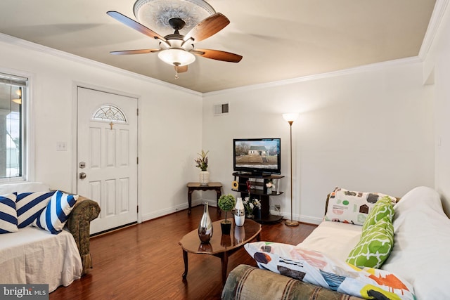 living room featuring ceiling fan, dark wood-type flooring, and ornamental molding