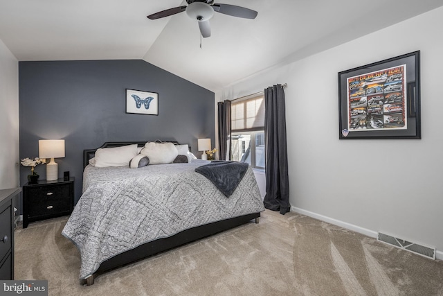 bedroom with carpet, lofted ceiling, and ceiling fan