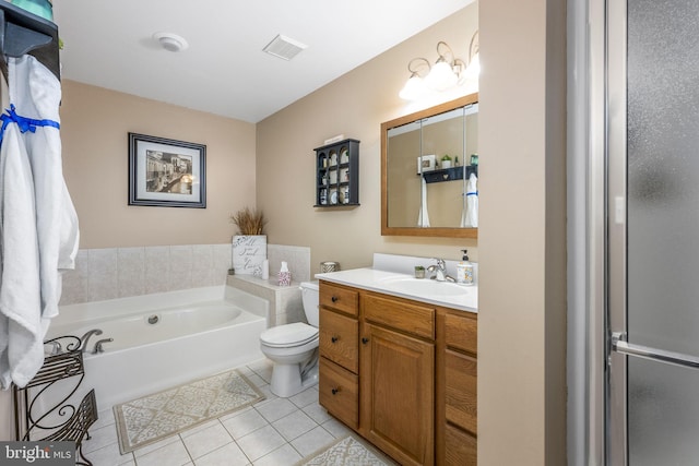 full bathroom with tile patterned flooring, vanity, separate shower and tub, and toilet