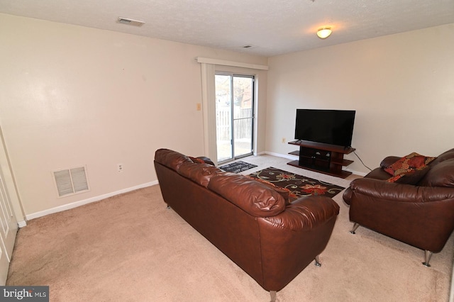 carpeted living room with a textured ceiling