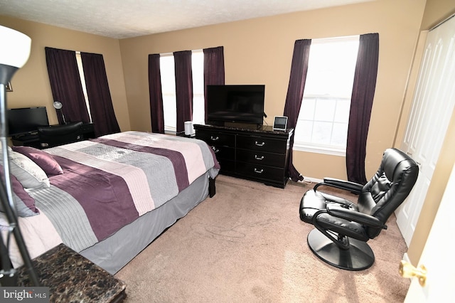 carpeted bedroom with a textured ceiling