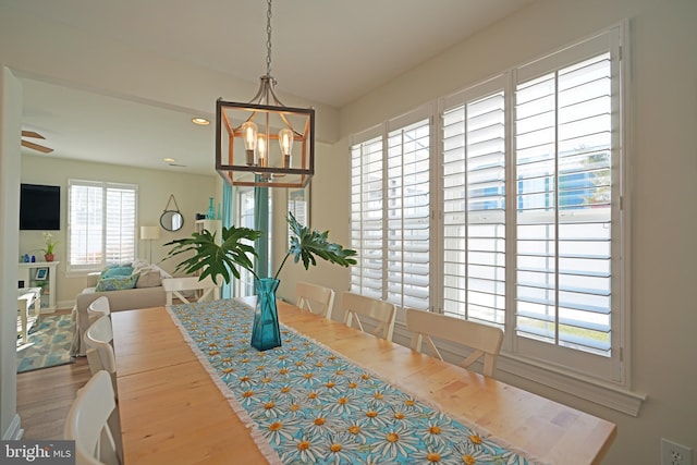 dining space featuring hardwood / wood-style flooring and ceiling fan with notable chandelier