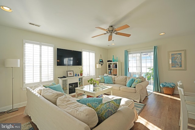 living room with ceiling fan and hardwood / wood-style floors